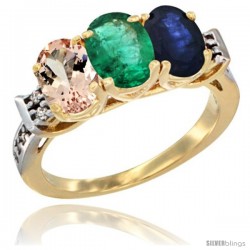 10K Yellow Gold Natural Morganite, Emerald & Blue Sapphire Ring 3-Stone Oval 7x5 mm Diamond Accent