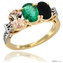 10K Yellow Gold Natural Morganite, Emerald & Black Onyx Ring 3-Stone Oval 7x5 mm Diamond Accent