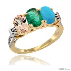 10K Yellow Gold Natural Morganite, Emerald & Turquoise Ring 3-Stone Oval 7x5 mm Diamond Accent