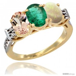 10K Yellow Gold Natural Morganite, Emerald & Opal Ring 3-Stone Oval 7x5 mm Diamond Accent