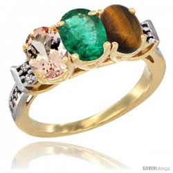 10K Yellow Gold Natural Morganite, Emerald & Tiger Eye Ring 3-Stone Oval 7x5 mm Diamond Accent