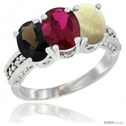 14K White Gold Natural Smoky Topaz, Ruby & Opal Ring 3-Stone 7x5 mm Oval Diamond Accent