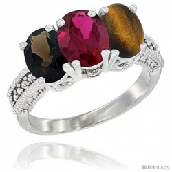 14K White Gold Natural Smoky Topaz, Ruby & Tiger Eye Ring 3-Stone 7x5 mm Oval Diamond Accent