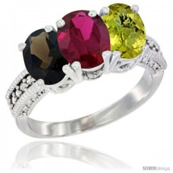 14K White Gold Natural Smoky Topaz, Ruby & Lemon Quartz Ring 3-Stone 7x5 mm Oval Diamond Accent