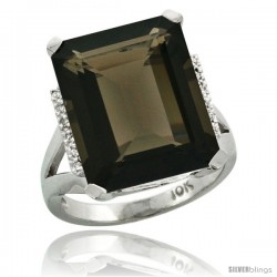 14k White Gold Diamond Smoky Topaz Ring 12 ct Emerald Cut 16x12 stone 3/4 in wide