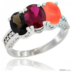 14K White Gold Natural Smoky Topaz, Ruby & Coral Ring 3-Stone 7x5 mm Oval Diamond Accent