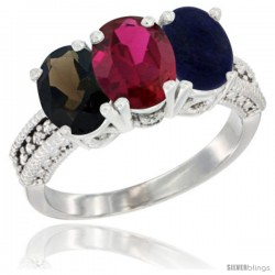 14K White Gold Natural Smoky Topaz, Ruby & Lapis Ring 3-Stone 7x5 mm Oval Diamond Accent