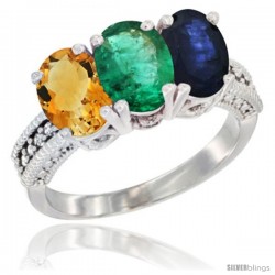 10K White Gold Natural Citrine, Emerald & Blue Sapphire Ring 3-Stone Oval 7x5 mm Diamond Accent