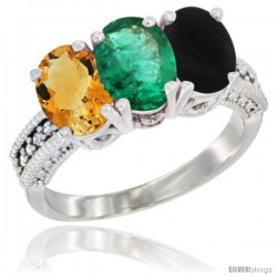 10K White Gold Natural Citrine, Emerald & Black Onyx Ring 3-Stone Oval 7x5 mm Diamond Accent