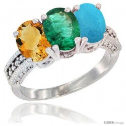 10K White Gold Natural Citrine, Emerald & Turquoise Ring 3-Stone Oval 7x5 mm Diamond Accent