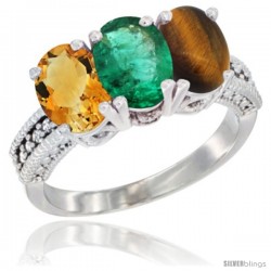 10K White Gold Natural Citrine, Emerald & Tiger Eye Ring 3-Stone Oval 7x5 mm Diamond Accent