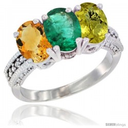 10K White Gold Natural Citrine, Emerald & Lemon Quartz Ring 3-Stone Oval 7x5 mm Diamond Accent