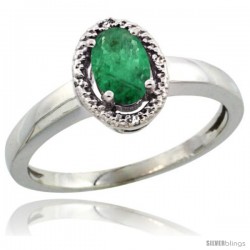 10k White Gold Diamond Halo Emerald Ring 0.75 Carat Oval Shape 6X4 mm, 3/8 in (9mm) wide