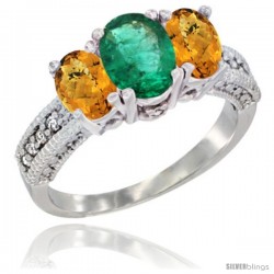 14k White Gold Ladies Oval Natural Emerald 3-Stone Ring with Whisky Quartz Sides Diamond Accent