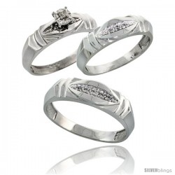 Sterling Silver 3-Piece Trio His (6mm) & Hers (5mm) Diamond Wedding Band Set, w/ 0.09 Carat Brilliant Cut Diamonds