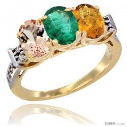 10K Yellow Gold Natural Morganite, Emerald & Whisky Quartz Ring 3-Stone Oval 7x5 mm Diamond Accent