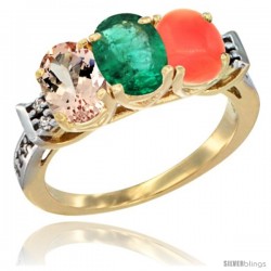 10K Yellow Gold Natural Morganite, Emerald & Coral Ring 3-Stone Oval 7x5 mm Diamond Accent