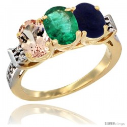 10K Yellow Gold Natural Morganite, Emerald & Lapis Ring 3-Stone Oval 7x5 mm Diamond Accent