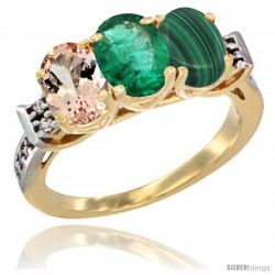 10K Yellow Gold Natural Morganite, Emerald & Malachite Ring 3-Stone Oval 7x5 mm Diamond Accent