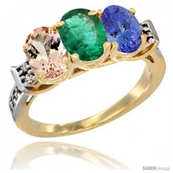 10K Yellow Gold Natural Morganite, Emerald & Tanzanite Ring 3-Stone Oval 7x5 mm Diamond Accent