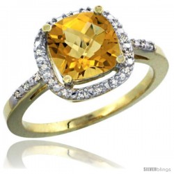 14k Yellow Gold Ladies Natural Whisky Quartz Ring Cushion-cut 3.8 ct. 8x8 Stone Diamond Accent