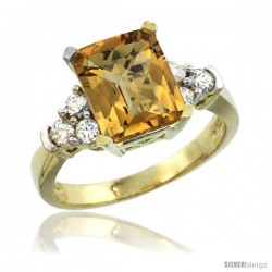 14k Yellow Gold Ladies Natural Whisky Quartz Ring Emerald-shape 9x7 Stone Diamond Accent