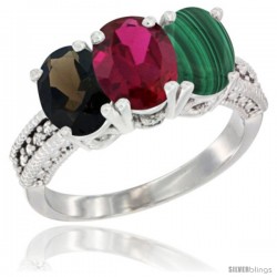 14K White Gold Natural Smoky Topaz, Ruby & Malachite Ring 3-Stone 7x5 mm Oval Diamond Accent