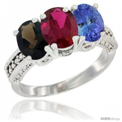 14K White Gold Natural Smoky Topaz, Ruby & Tanzanite Ring 3-Stone 7x5 mm Oval Diamond Accent