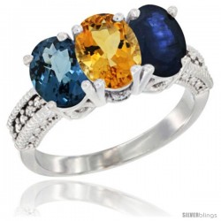 10K White Gold Natural London Blue Topaz, Citrine & Blue Sapphire Ring 3-Stone Oval 7x5 mm Diamond Accent