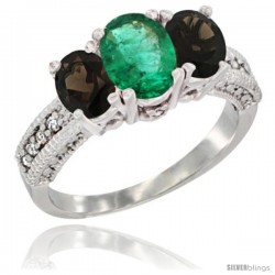 14k White Gold Ladies Oval Natural Emerald 3-Stone Ring with Smoky Topaz Sides Diamond Accent