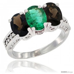 14K White Gold Natural Emerald & Smoky Topaz Ring 3-Stone 7x5 mm Oval Diamond Accent