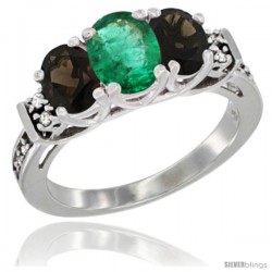 14K White Gold Natural Emerald & Smoky Topaz Ring 3-Stone Oval with Diamond Accent