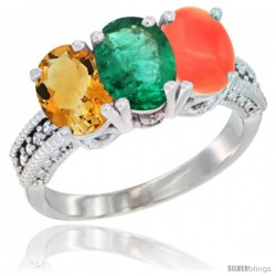 10K White Gold Natural Citrine, Emerald & Coral Ring 3-Stone Oval 7x5 mm Diamond Accent