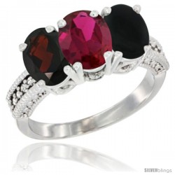 14K White Gold Natural Garnet, Ruby & Black Onyx Ring 3-Stone 7x5 mm Oval Diamond Accent