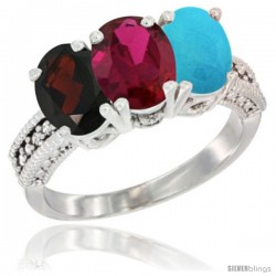 14K White Gold Natural Garnet, Ruby & Turquoise Ring 3-Stone 7x5 mm Oval Diamond Accent