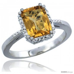 14k White Gold Ladies Natural Whisky Quartz Ring Emerald-shape 8x6 Stone Diamond Accent