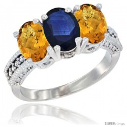 14K White Gold Natural Blue Sapphire Ring with Whisky Quartz 3-Stone 7x5 mm Oval Diamond Accent