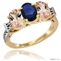 10K Yellow Gold Natural Blue Sapphire & Morganite Sides Ring 3-Stone Oval 7x5 mm Diamond Accent