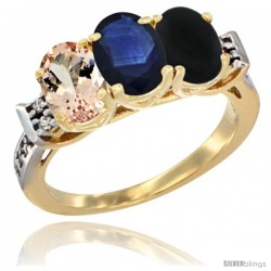 10K Yellow Gold Natural Morganite, Blue Sapphire & Black Onyx Ring 3-Stone Oval 7x5 mm Diamond Accent