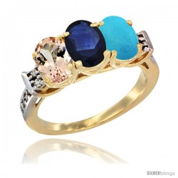 10K Yellow Gold Natural Morganite, Blue Sapphire & Turquoise Ring 3-Stone Oval 7x5 mm Diamond Accent