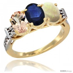 10K Yellow Gold Natural Morganite, Blue Sapphire & Opal Ring 3-Stone Oval 7x5 mm Diamond Accent