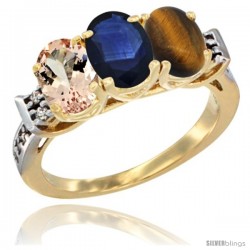 10K Yellow Gold Natural Morganite, Blue Sapphire & Tiger Eye Ring 3-Stone Oval 7x5 mm Diamond Accent