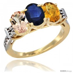 10K Yellow Gold Natural Morganite, Blue Sapphire & Whisky Quartz Ring 3-Stone Oval 7x5 mm Diamond Accent