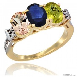 10K Yellow Gold Natural Morganite, Blue Sapphire & Lemon Quartz Ring 3-Stone Oval 7x5 mm Diamond Accent