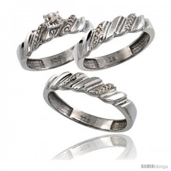 Sterling Silver 3-Pc. Trio His (5mm) & Hers (4.5mm) Diamond Wedding Ring Band Set, w/ 0.056 Carat Brilliant Cut Diamonds