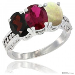 14K White Gold Natural Garnet, Ruby & Opal Ring 3-Stone 7x5 mm Oval Diamond Accent