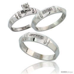 Sterling Silver 3-Piece Trio His (5.5mm) & Hers (4mm) Diamond Wedding Band Set, w/ 0.10 Carat Brilliant Cut Diamonds