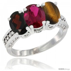 14K White Gold Natural Garnet, Ruby & Tiger Eye Ring 3-Stone 7x5 mm Oval Diamond Accent