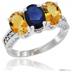 10K White Gold Natural Blue Sapphire & Citrine Sides Ring 3-Stone Oval 7x5 mm Diamond Accent