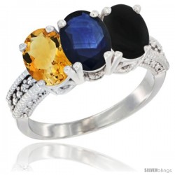 10K White Gold Natural Citrine, Blue Sapphire & Black Onyx Ring 3-Stone Oval 7x5 mm Diamond Accent